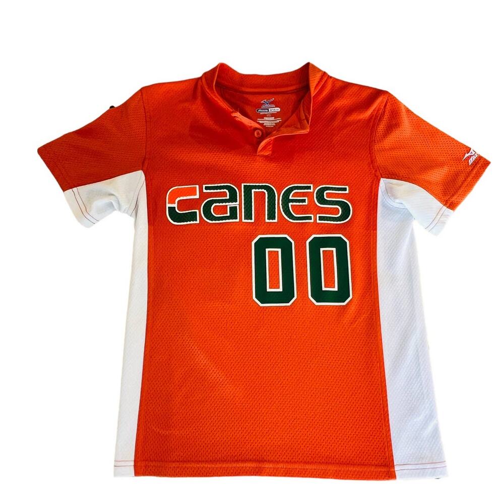 Canes Orange & White 00 on Back 2 Button Short Sleeve Jersey Mizuno Drylite‎ YM